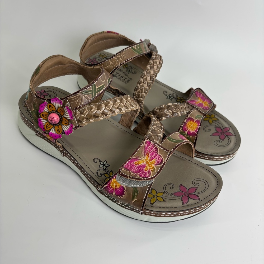 Spring Step L’Artiste sandals 41 hand painted leather floral lightweight comfort